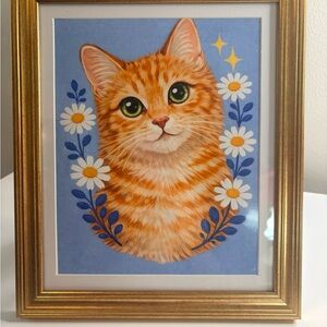 Framed orange Tabby Cat Art Print 8x10 Gold Frame | Tabby Floral Wall Art
